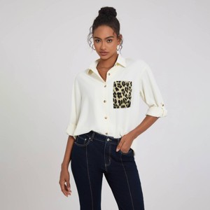 Women's Long Sleeve Button Closure Leopard Pattern Blouse - A New Day™ White - 1 of 4