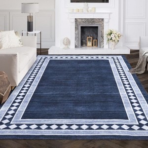 Solid Bordered Rug, Machine Washable Soft Geometric Throw Carpet, Non-Slip Low-Pile Indoor Floor Mat for Living Room, Bedroom, Office - 1 of 4
