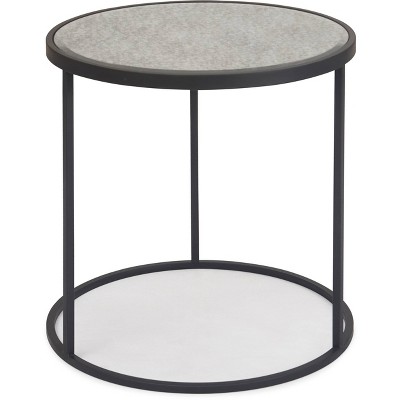 Antiqued Mirrored Round Glass and Metal Side Table