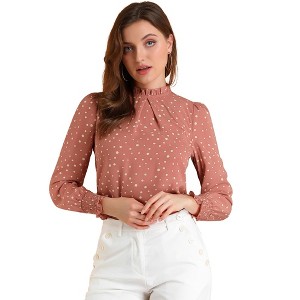 Allegra K Women's Smocked Cuffs Puff Sleeve Ruffled Neck Vintage Polka Dots Blouses - 1 of 4