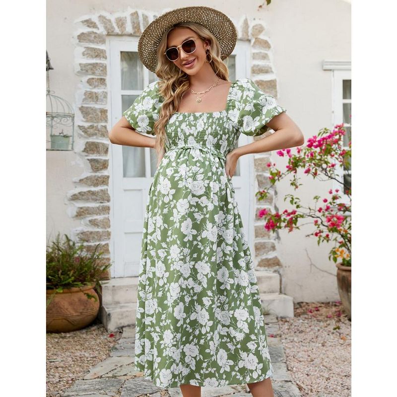 WhizMax Women's Maternity Dress Summer Floral Print Square Neck Puff Sleeve Maxi Dress Casual Ruffle A Line Dress for Babyshower, 5 of 8