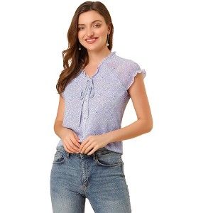 Allegra K Women's Summer Floral Chiffon Tie V Neck Ruffled Short Sleeve Shirt - 1 of 4