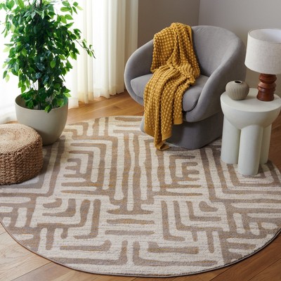 Ivory and Mauve Round Synthetic Abstract Area Rug