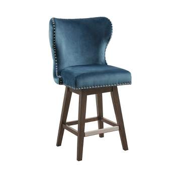 LIVN CO. Wingback Dark Blue Swivel Counter Stool with Nailhead Accent