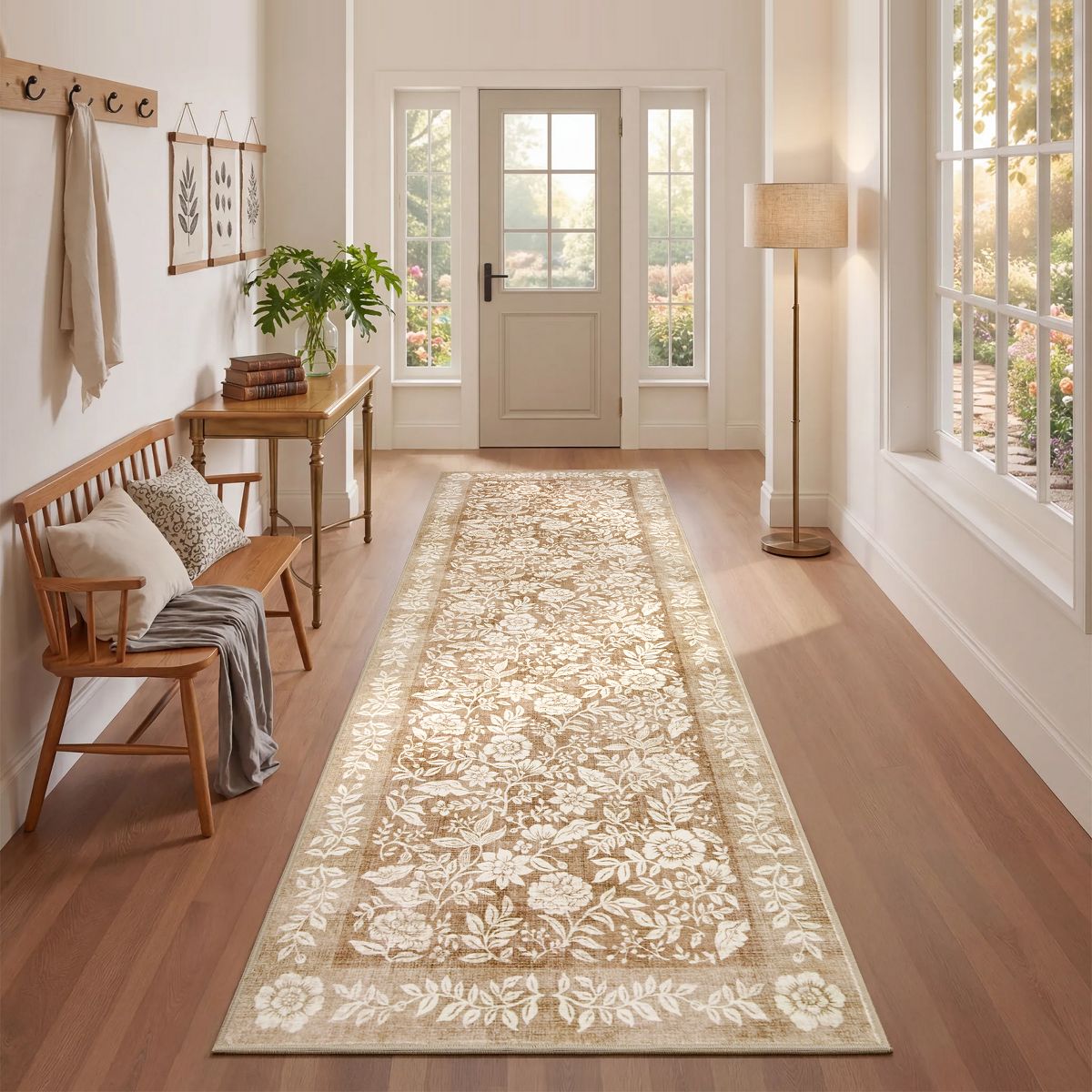 Retro Floral Washable Area Rug with TPR Rubber Backing, Soft Non-Slip Botanical Rug for Bedroom Living Room Nursery