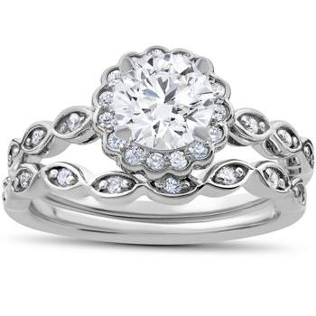 Pompeii3 1 Carat D VS2 Enhanced Halo Diamond Engagement Ring Set Round Cut 14K White Gold
