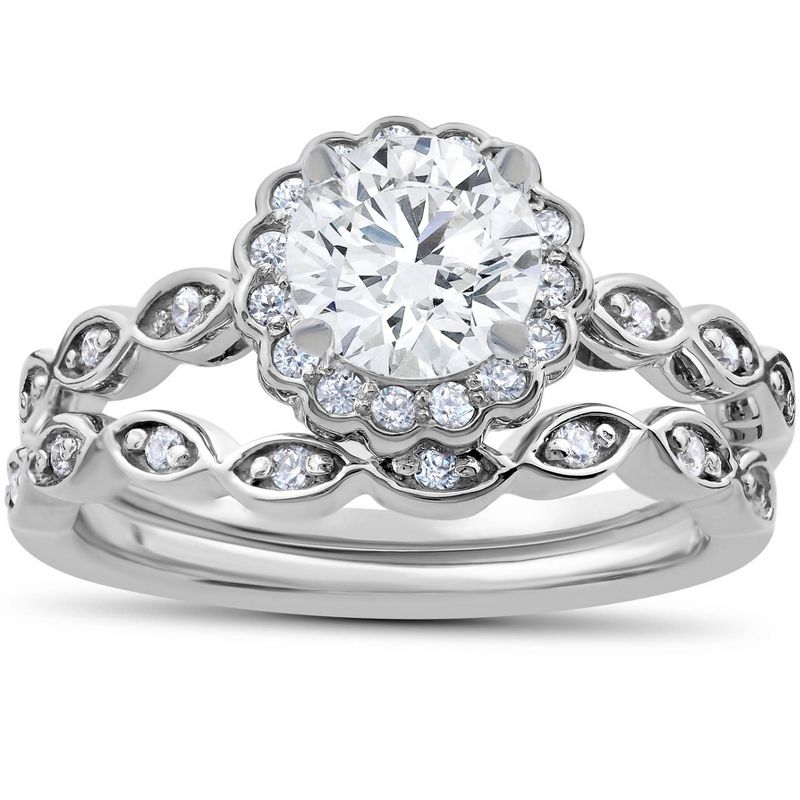 Pompeii3 1 Carat D VS2 Enhanced Halo Diamond Engagement Ring Set Round Cut 14K White Gold, 1 of 5