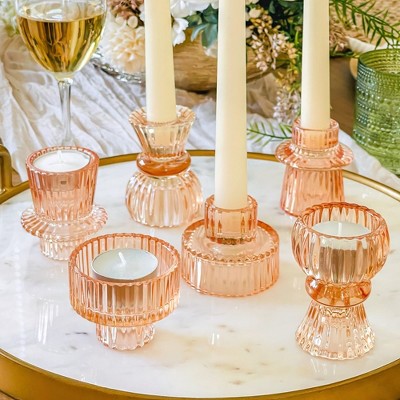 Rose Gold Ribbed Glass Candlestick Holders Set of 6