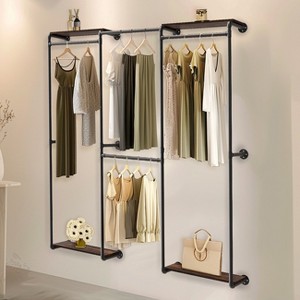 Artloge Industrial Pipe Clothes Rack Wardrobe Adjustable Wall Mounted Walk-in Garment Rack Closet with Hanging Rod & Open Shelves for Garment Storage - 1 of 4
