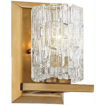 Possini Euro Design Icelight Modern Wall Light Sconce Warm Brass Hardwire 6 1/2" Fixture Textured Ice Glass for Bedroom Bathroom Vanity Reading House
