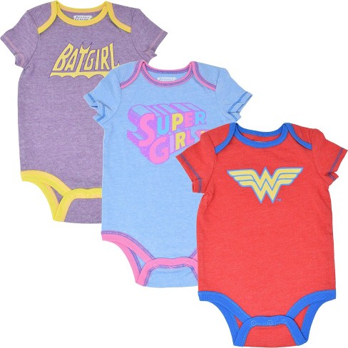 DC Comics Justice League Batgirl Wonder Woman Newborn Baby Girls 3 Pack  Bodysuits Wonder Woman Batgirl & Supergirl 0-3 Months