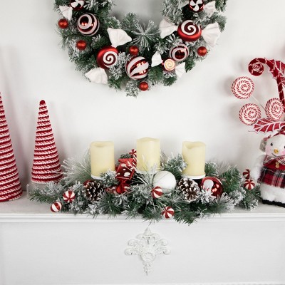 Northlight Triple Candle Holder with Flocked Pine and Christmas Ornaments - 32" - Red and White