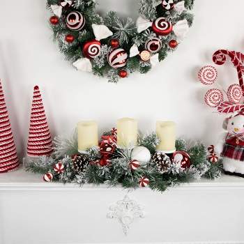 Northlight 32" Red and White Triple Candle Holder with Flocked Pine and Christmas Ornaments