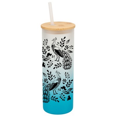 Elanze Designs Peacock Bird Flower Garden Wrap-Around Design 25 Ounce Frosted Gradient Glass On-The-Go Coffee Travel Skinny Tumbler Mug Cup, Bamboo