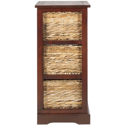 Transitional Brown Pine Wood Side Table with 3 Rattan Drawers