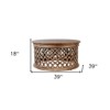 HomeRoots 39" Brown Solid Wood Round Distressed Drum Coffee Table - 3 of 4