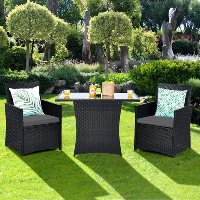 Tangkula 3PCS Patio Rattan Dining Set Space-Saving Furniture Set with Tempered Glass Top Table and Cushioned Chairs