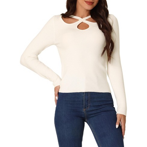 Women's Ribbed White Long Sleeve Sweater Top