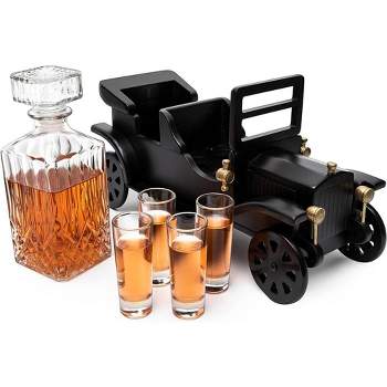 The Wine Savant Black Antique Car Design Whiskey & Wine Decanter Set Includes 2 Vintage Style Drinking Glasses, A Unique Home Bar Addition - 750 ml