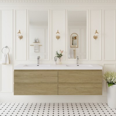 Whisen Floating Wall-Mounted Bathroom Vanity with Resin Sink, Water-Resistant Timber Cabinets and Drawers