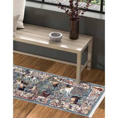 Blue and Tan Floral Synthetic Indoor Runner Rug