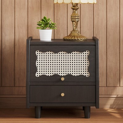 Wooden Nightstand with Rattan-Woven Storage Cabinet and 1 Drawer, Black