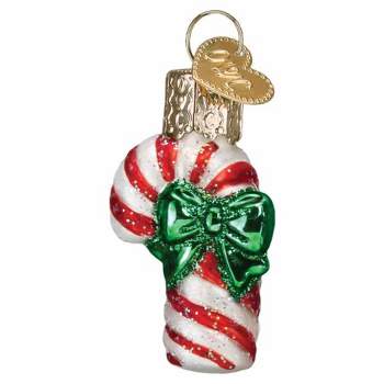 Old World Christmas Mini Candy Cane  -  One Glass Ornament 1.75 Inches -  Green Bow Striped  -  87002  -  Glass  -  Red