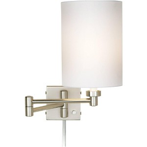 Possini Euro Design Modern Swing Arm Wall Lamp Cord Cover Brushed Nickel Plug-In Light Fixture White Cotton Cylinder Shade Bedroom - 1 of 3
