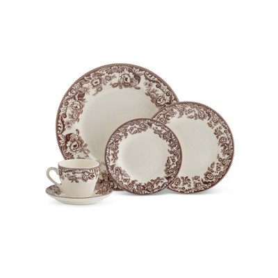 Spode Delamere 5-Piece Place Setting – Rich Brown British Flowers Border, Includes Dinner, Salad, Bread Plates with Teacup & Saucer