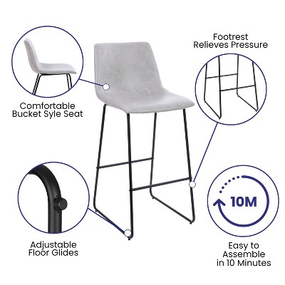 Modern Sled Base Light Gray Faux Leather Bar Stools, Set of 2