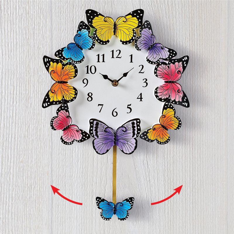Collections Etc Hand-painted Colorful Butterfly Pendulum Wall Clock 11.25 X 11.25 X 16.5 White, 2 of 3