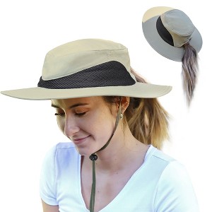Tirrinia Wide Brim Sun Hat with Ponytail Hole for Women Girl, Boonie Cap for Fishing Safari Hiking Garden, Lightweight Breathable Adjustable Solid Hat - 1 of 4