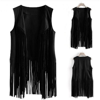Coolmee Women Fashionable Thin Tassel Open-Front Slim Fit Sleeveless Vest Jacket