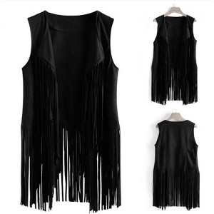 Coolmee Women Fashionable Thin Tassel Open-Front Slim Fit Sleeveless Vest Jacket - 1 of 4