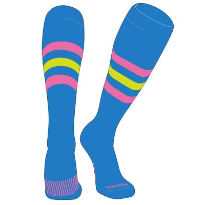 PEAR SOX Striped OTC Baseball, Softball, Football Socks (H) Neon Blue, Pink, Neon Yellow (S)
