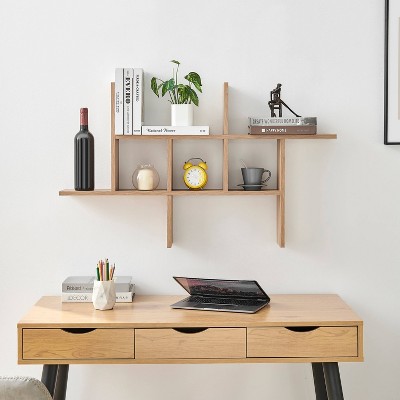 Chestnut Wood Floating Cantilever Cubby Wall Shelf