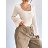 Coolmee Women's Bell Long Sleeve Crop Tops Square Neck Ribbed Slim Fitted Shirts Casual Basic Tees - 2 of 4
