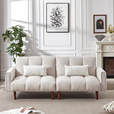 DOMETOUR 81" Linen Upholstered Convertible Sofa Bed, Modern Sleeper Futon Couches Loveseat with 2 Pillows for Living Room Bedroom Apartment