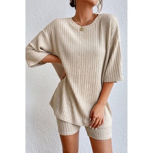 V For City Women's Oversized Ribbed Knit Loungewear Set with Half-Sleeved Top & Shorts Set Pajama Set - 1 of 4