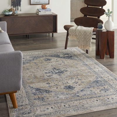Ivory and Blue Geometric Floral Synthetic Area Rug