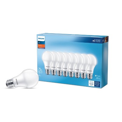 Philips LED 75W Frosted Daylight A19 8-Pack (Non-T20): 1100 Lumens, E26 Base, 2700K, 10-Year Life, Damp Location Suitable