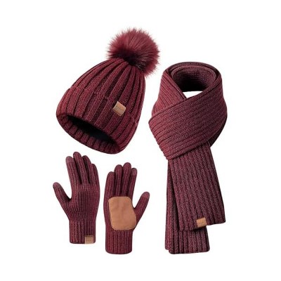 Fisfet Winter Beanie Hat Scarf Gloves Set for Women, Womens Beanie with Pom Pom Long Scarf Neck Warmer Touchscreen Gloves 3 in 1 Set