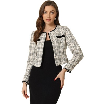 Unique Bargains Women's Plaid Tweed Blazer Long Sleeve Open Front Work  Jacket L Black 