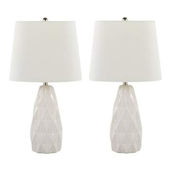 LumiSource (Set of 2) Hex 20" Contemporary Accent Lamps Off-White Ceramic Polished Nickel and Off-White Linen Shade from Grandview Gallery