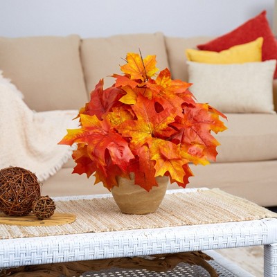 16" Autumn Maple Leaf Artificial Plant in Beige Decorative Planter