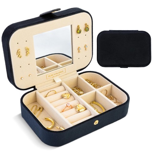 Benevolence LA Plush Velvet Rectangular Travel Jewelry Box with Mirror -  Ebony