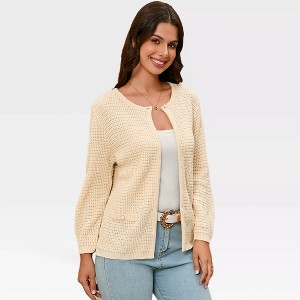 Women's Crochet Knit Open Front Cardigan with Long Sleeve - Sweater Shrugs for Fall Outerwear Outfits,Apricot - M - 1 of 4