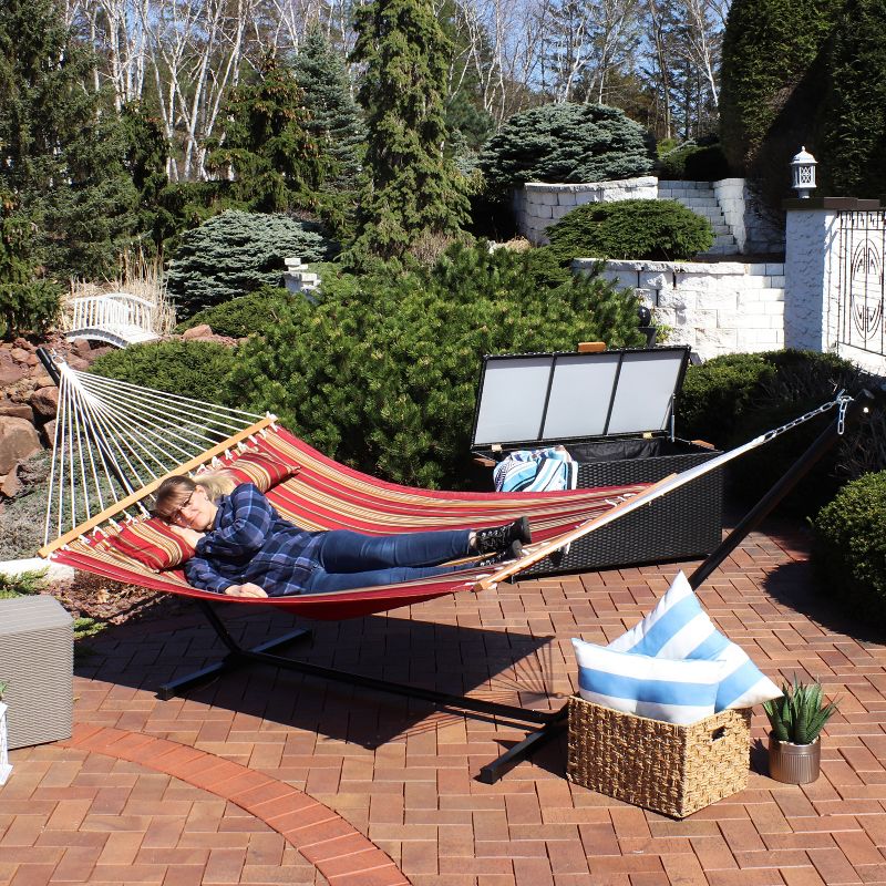 Sunnydaze Outdoor 2-Person Double Polyester Quilted Hammock with Wood Spreader Bar and 12ft Black Steel Stand, 5 of 18