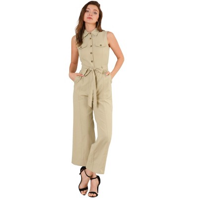 Allegra K Women's Button Down Collared Wide Leg Tie Sleeveless Jumpsuits  Khaki Small