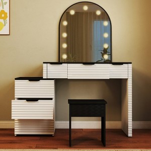 AEELLEEA Makeup Vanity Desk with Mirror Lights Glass Tabletop Vanity Table Modern Makeup Desk with Drawers for Bedroom  US Plug - 1 of 4